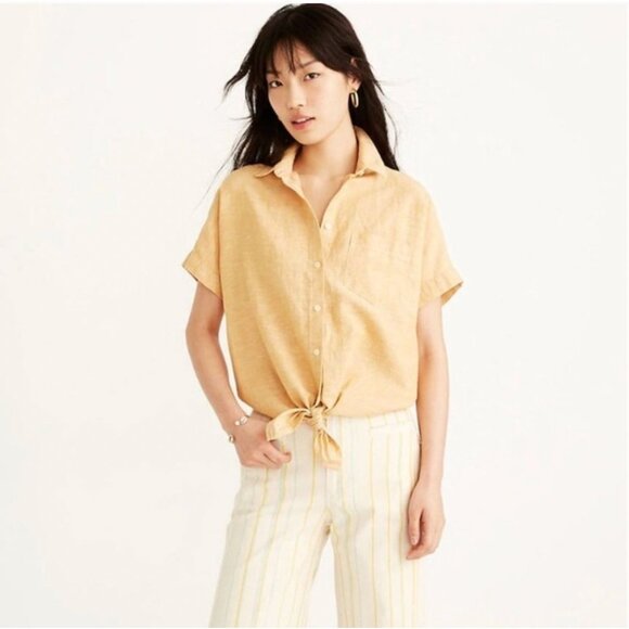 Madewell Short Sleeve Tie Front Linen Blend Top Shirt S Yellow Earthy Boho - Picture 1 of 10
